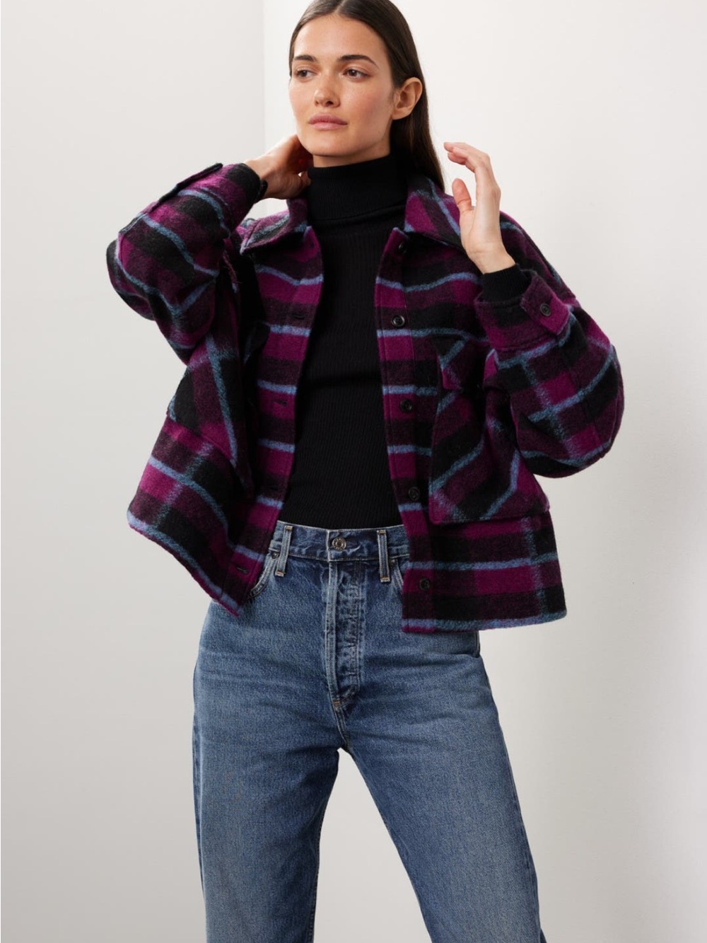 Peter Som Purple & Black Plaid Utility Shacket